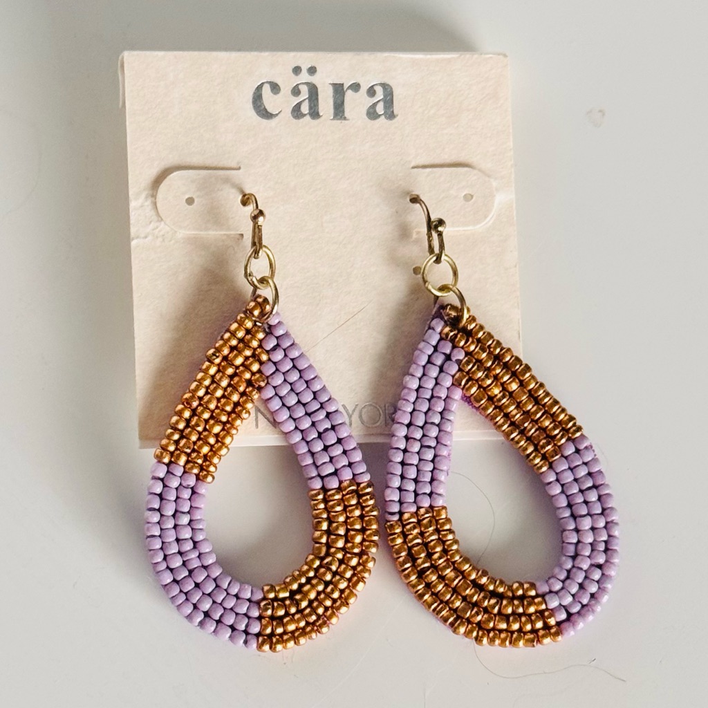 Cara Lavender Purple & Gold Seed Bead Beaded Teardrop Earrings